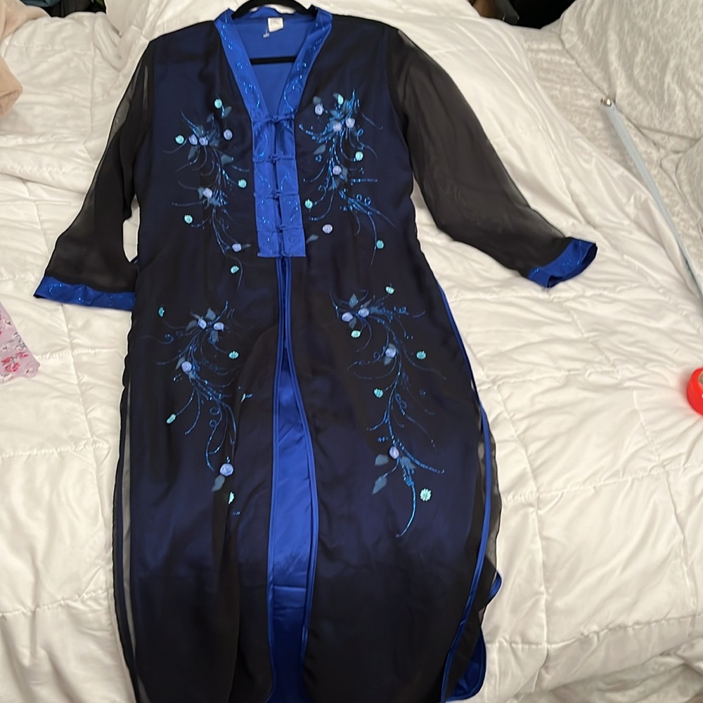 Y2K Sheer Black kimono duster Robe with Blue Embroidery